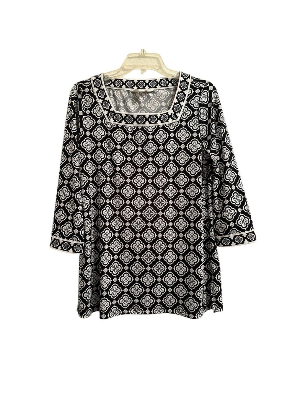 Magnolia Grace Chic Moroccan Print Tunic Top Womens M Square Neck Black & White